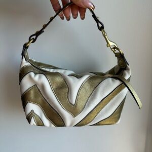 Coach Zebra Gold Leather and White Canvas Baguette